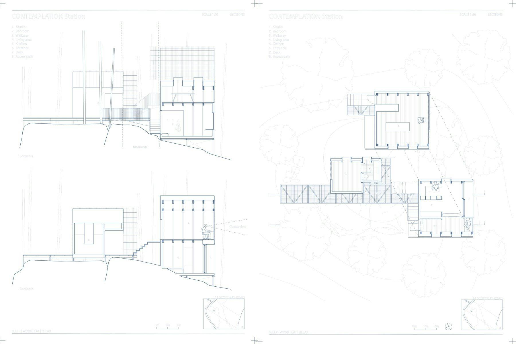 elevation and plan for surf specific accomodation and studio