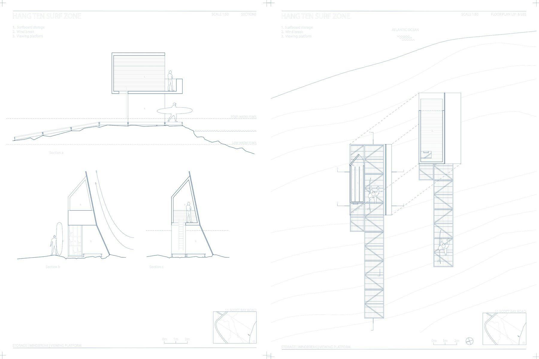 plan and elevation views of a surfboard storage and surf check structure by john fache