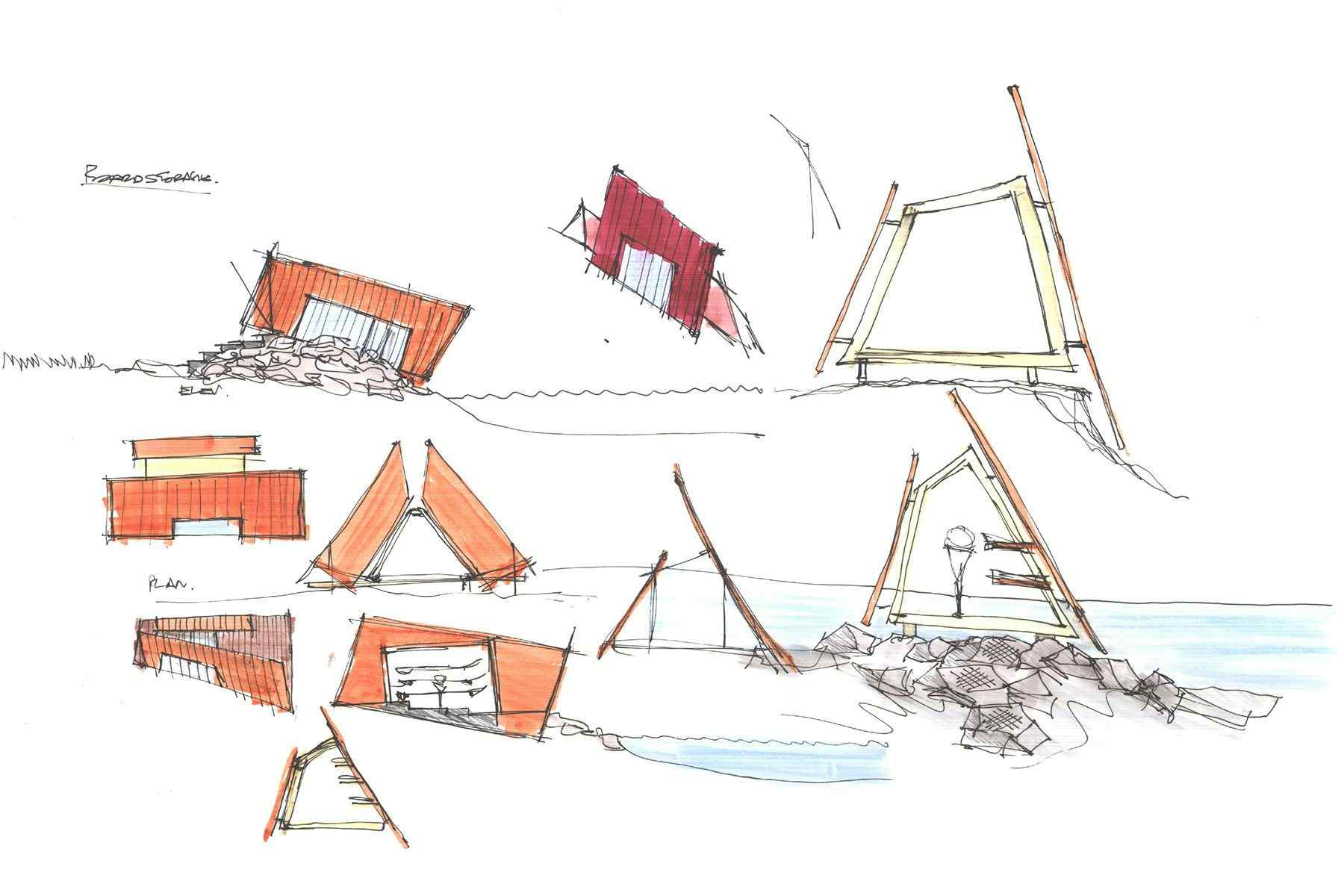 concept sketches for a surfboard storage and surf check structure by john fache