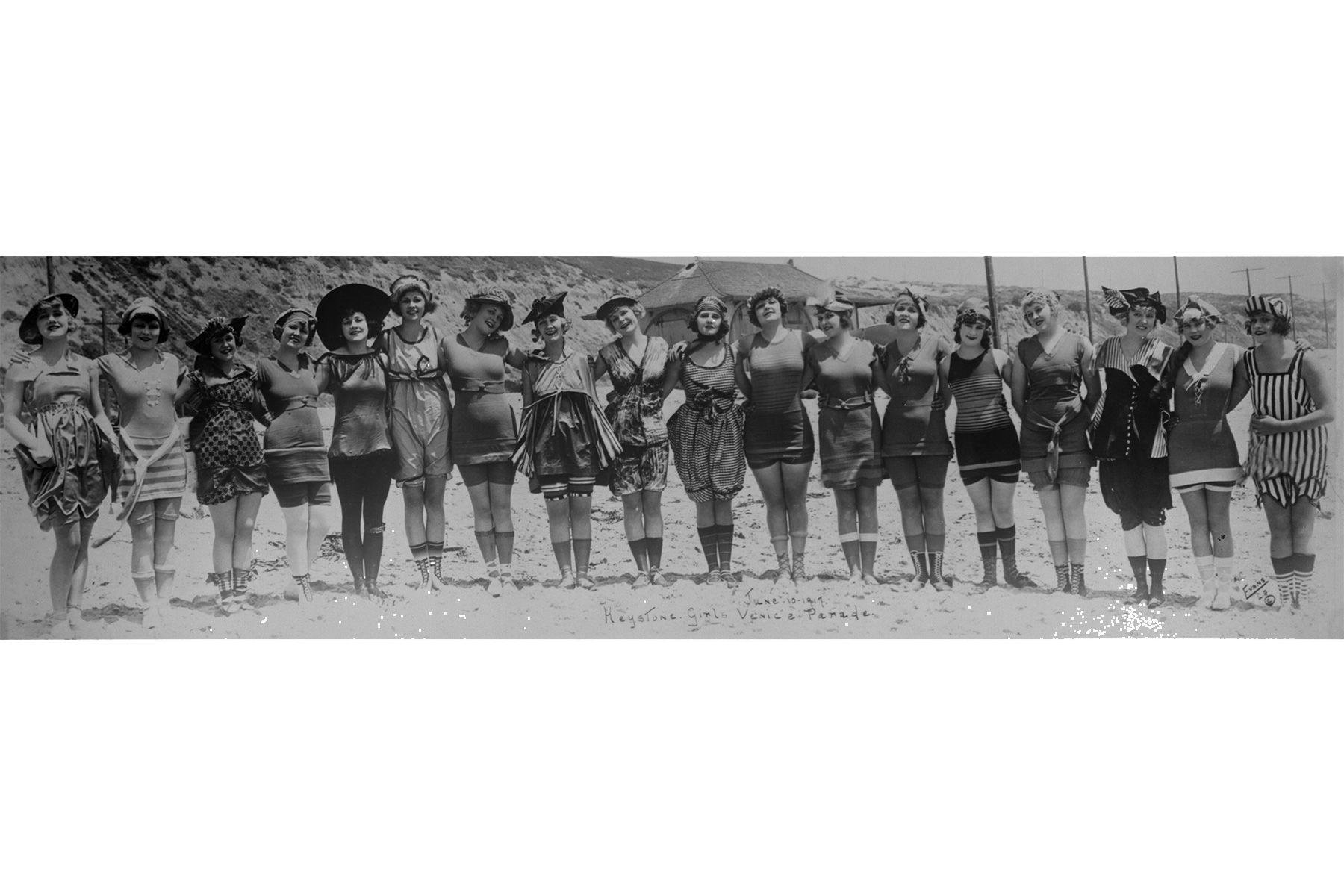 “Sennett Bathing Beauties” at Venice Beach, June 1917. Film producer Mack Sennett hired young women to perform in bathing suits for his silent films and to enter beauty contests at local beaches. By the early 1910’s, bathing suit contests were lending Hollywood glamour and sex appeal to California beach culture. Security Pacific National Banks Collection/Los Angeles Public Library.