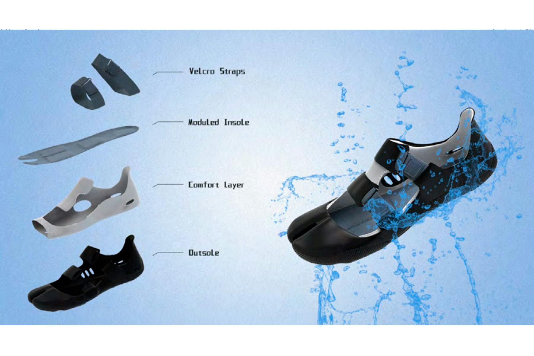 exploded diagram showing the contstruction of a surf shoe