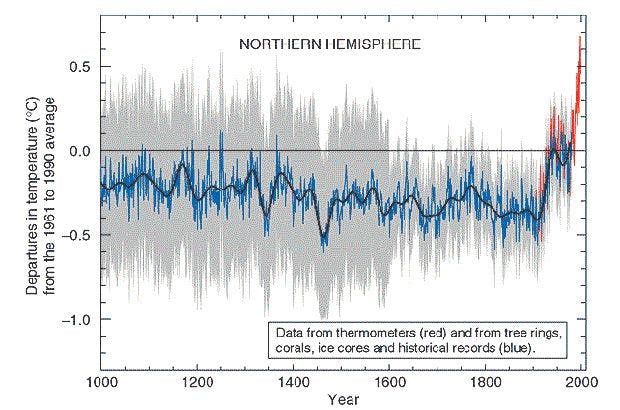 Mann’s “hockey stick” graph, showing temperature records in the northern hemisphere.