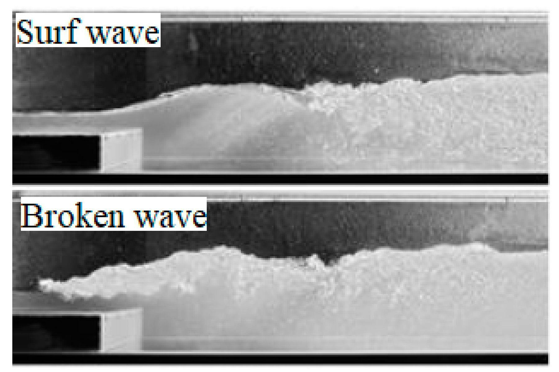 Transition from surf wave to broken wave (conventional hydraulic jump) by tailwater manipulation—photo courtesy of Wyl 