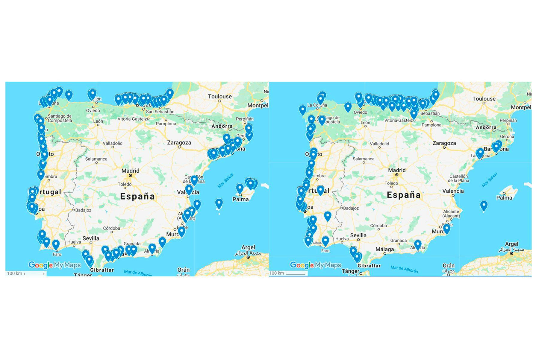 Maps showing the distribution of locally used surf spots (left) and surf spots that are more popular with visiting surfers (right)