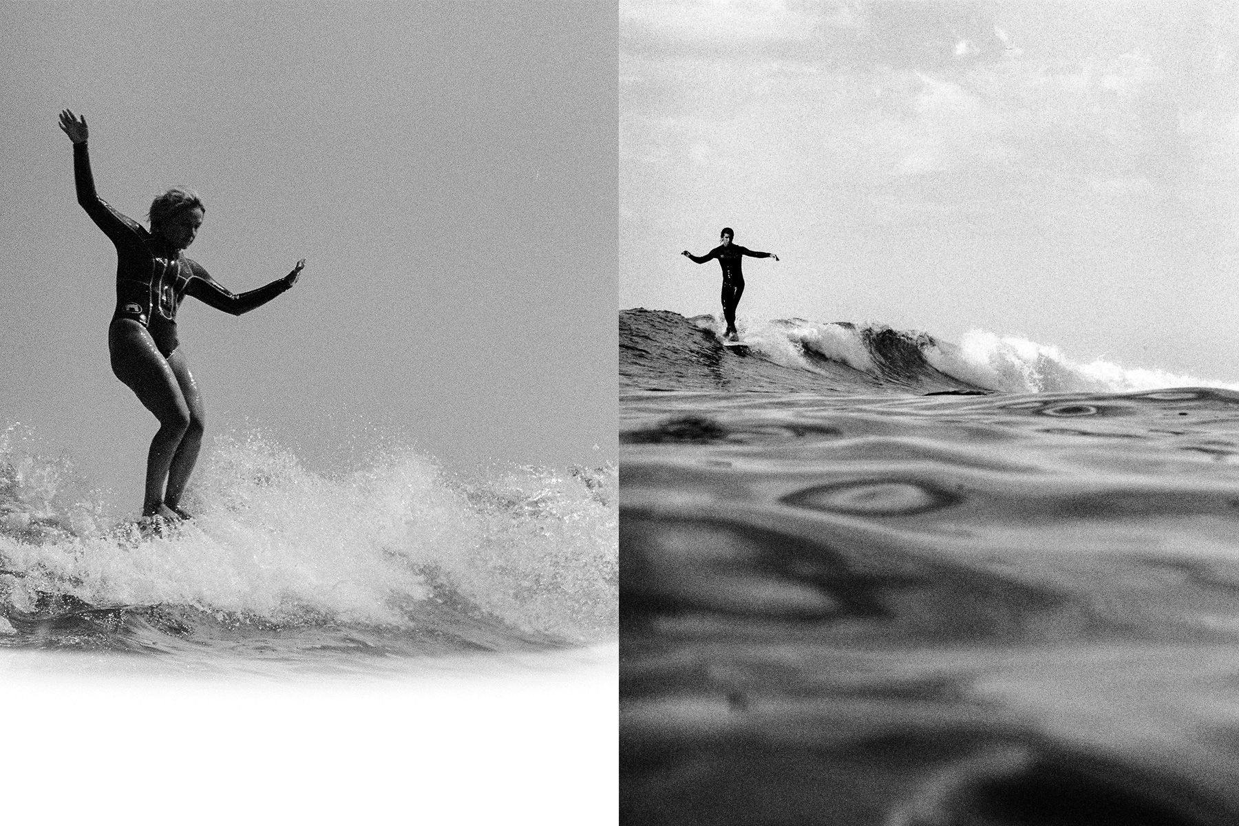 two black and white portait oriented images of surfers shot in water on a nikonos camera by grant musso