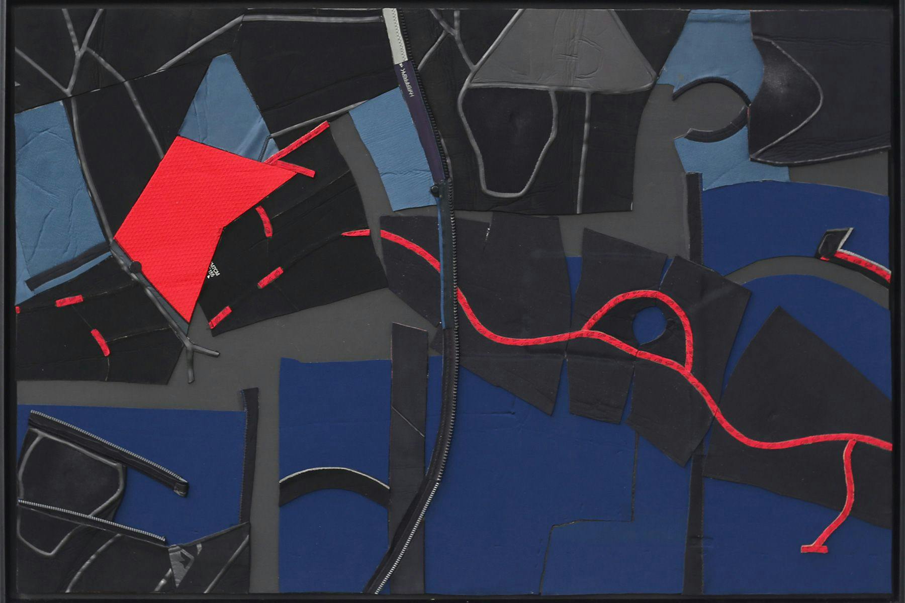  ‘Aerial view of the Harbour’ 2021 Waste neoprene wetsuit collage on wooden board. 82 x 139 cm